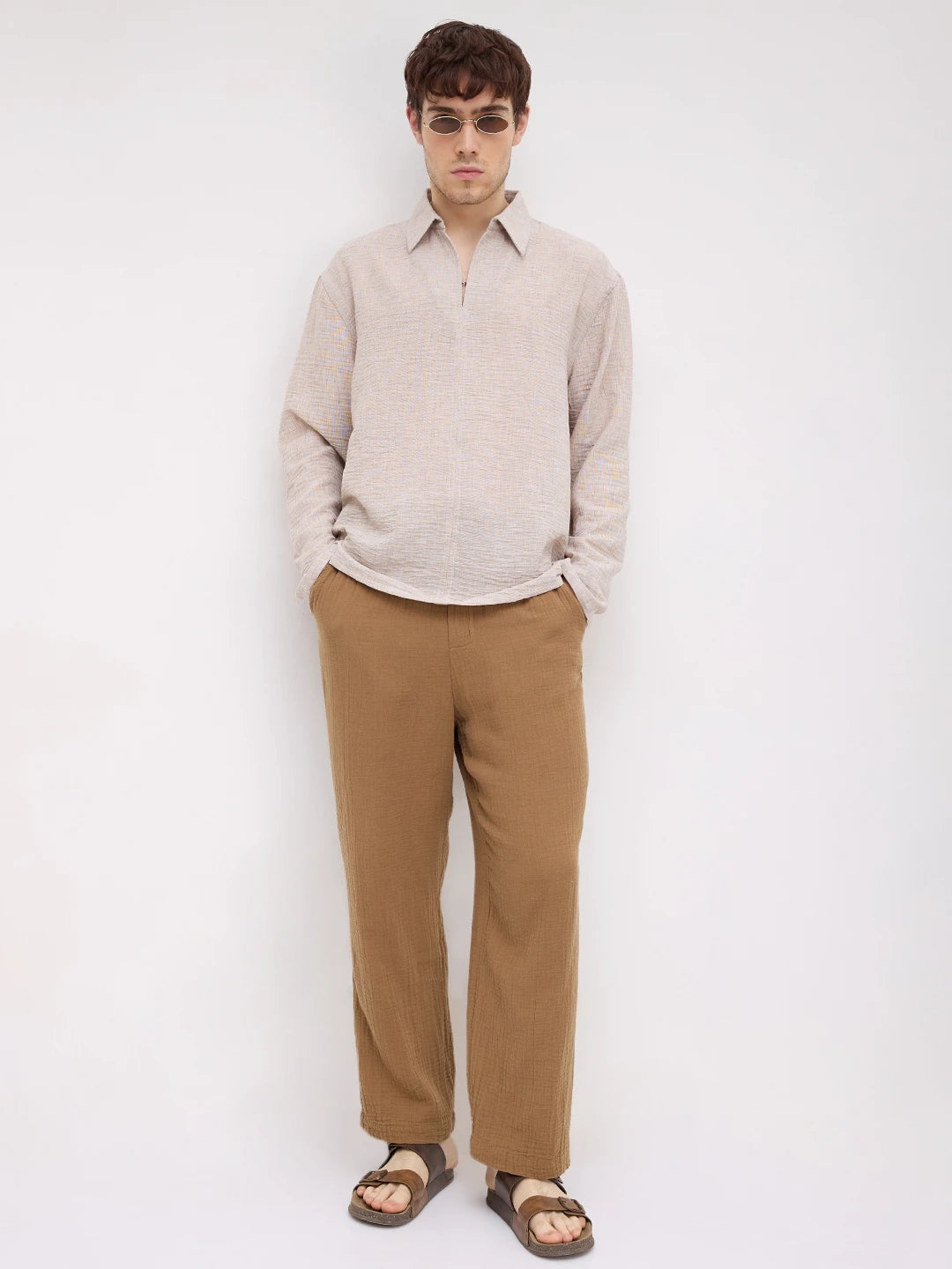 Elegant Sand Beige Textured Oversized Polo Shirt