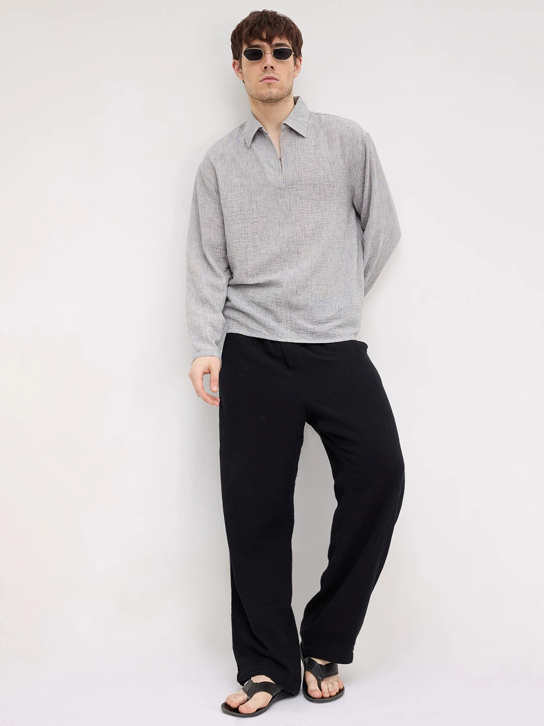 Refined Ash Grey Textured Center Seam Oversized Shirt