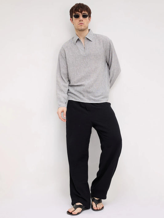 Refined Ash Grey Textured Center Seam Oversized Shirt