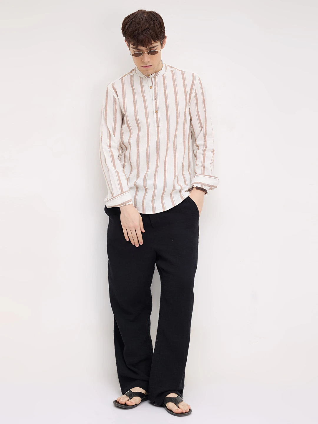 White & Brown Striped Kurta