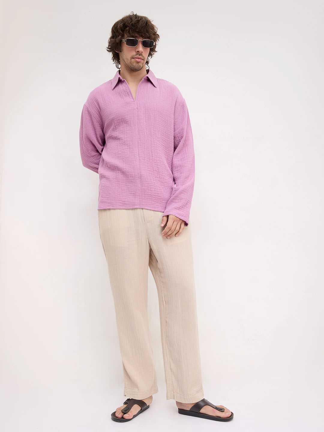 Deep Lilac Double Cloth Center Seam Oversized Polo Shirt