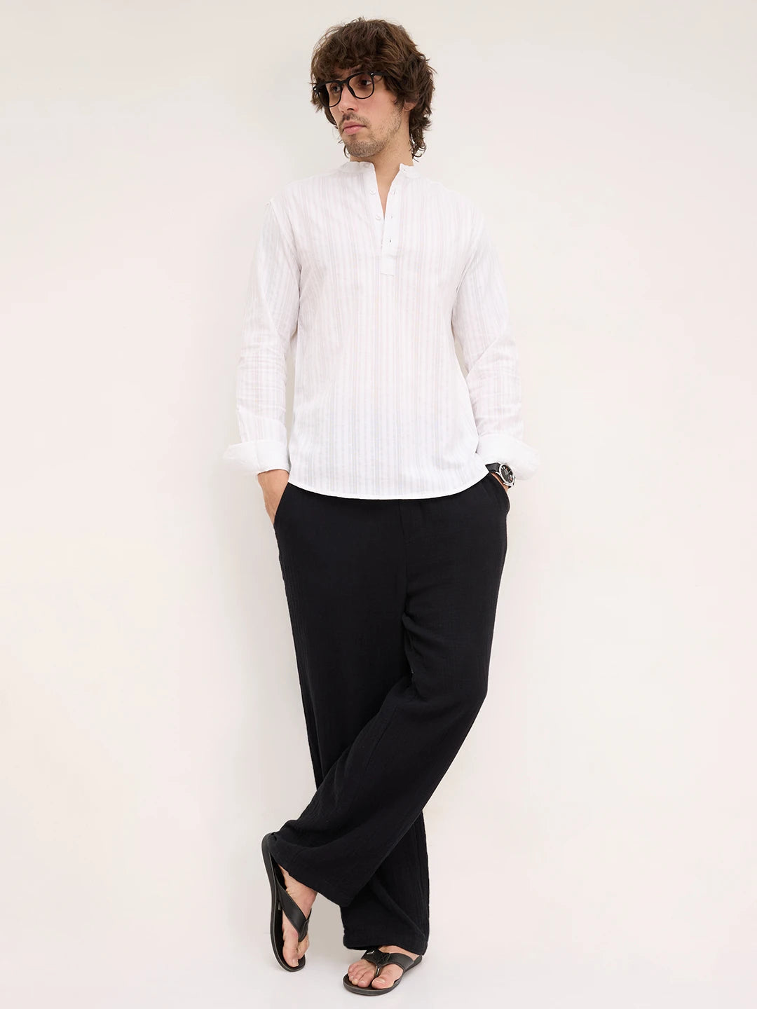 Frost White Diamond Striped Weave Kurta