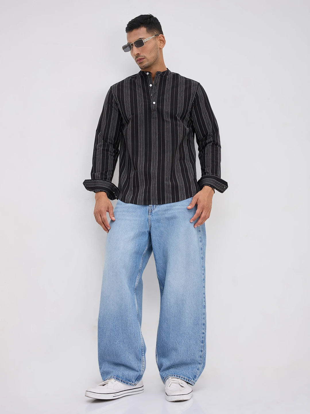 Jet Black Fine Threadwork Striped Kurta