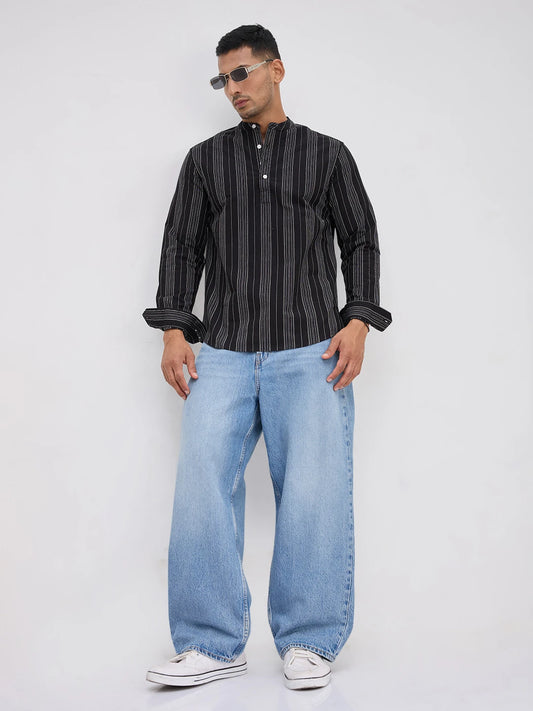 Jet Black Fine Threadwork Striped Kurta