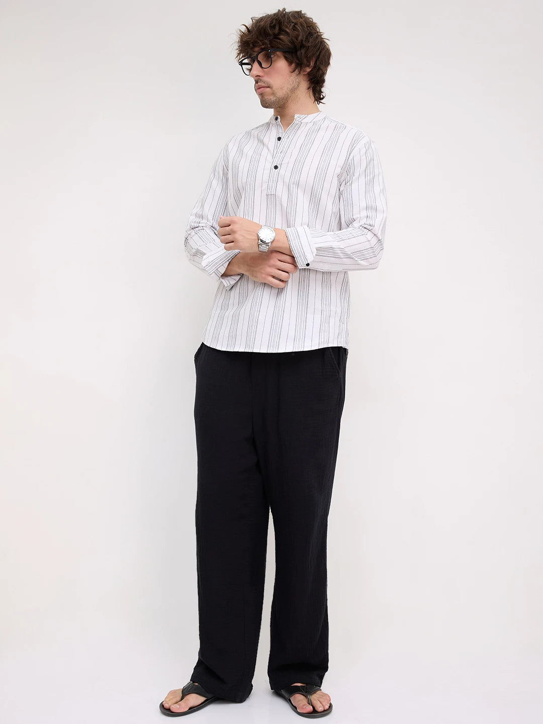 Monochrome Fine Threadwork Striped Kurta