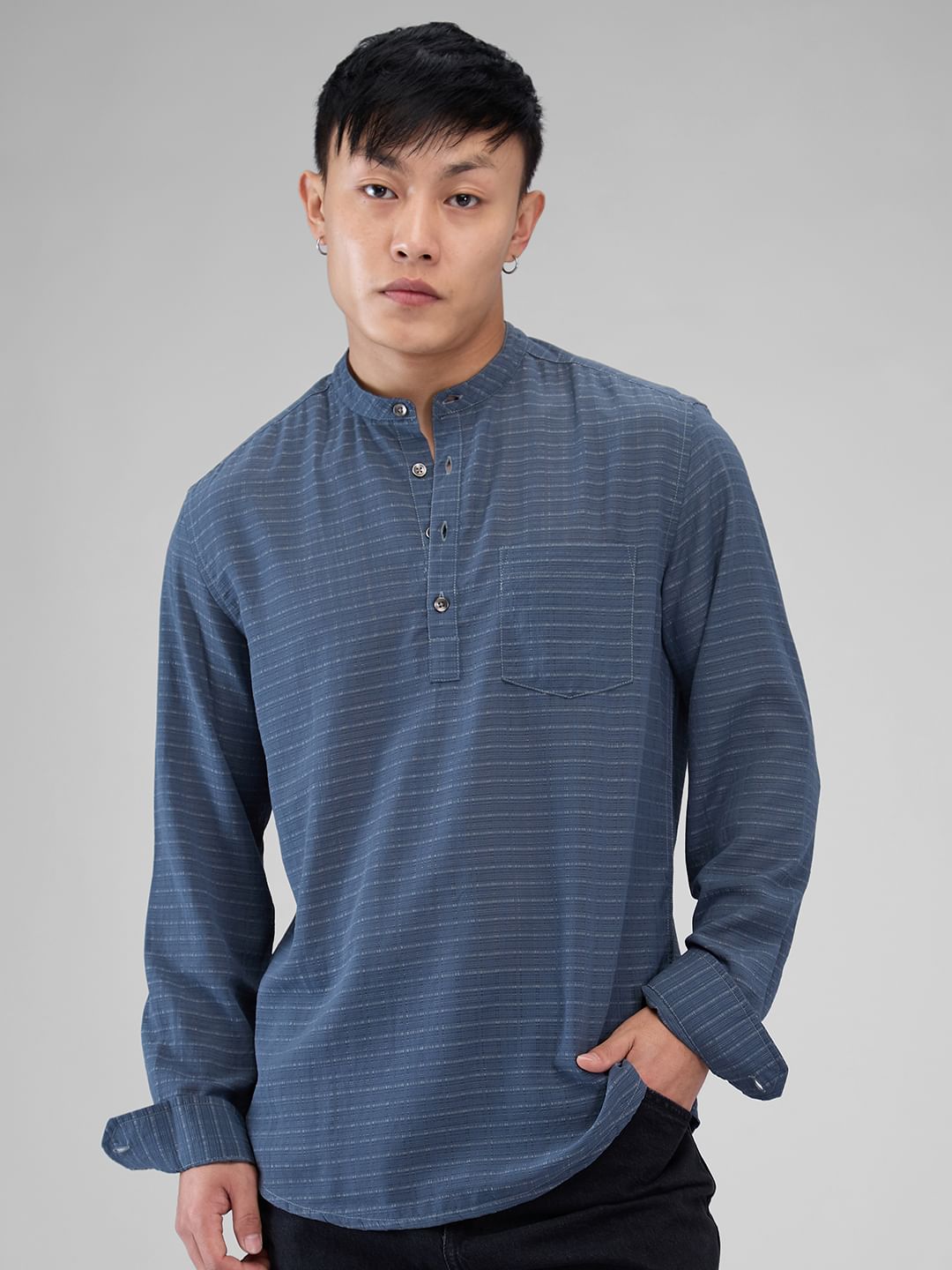 Porpoise Grey Dobby Striped Kurta