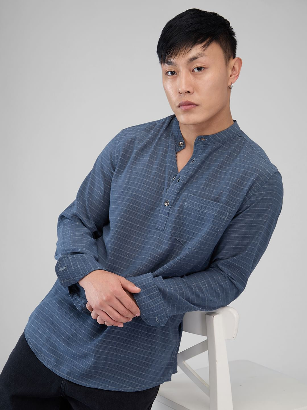 Porpoise Grey Dobby Striped Kurta