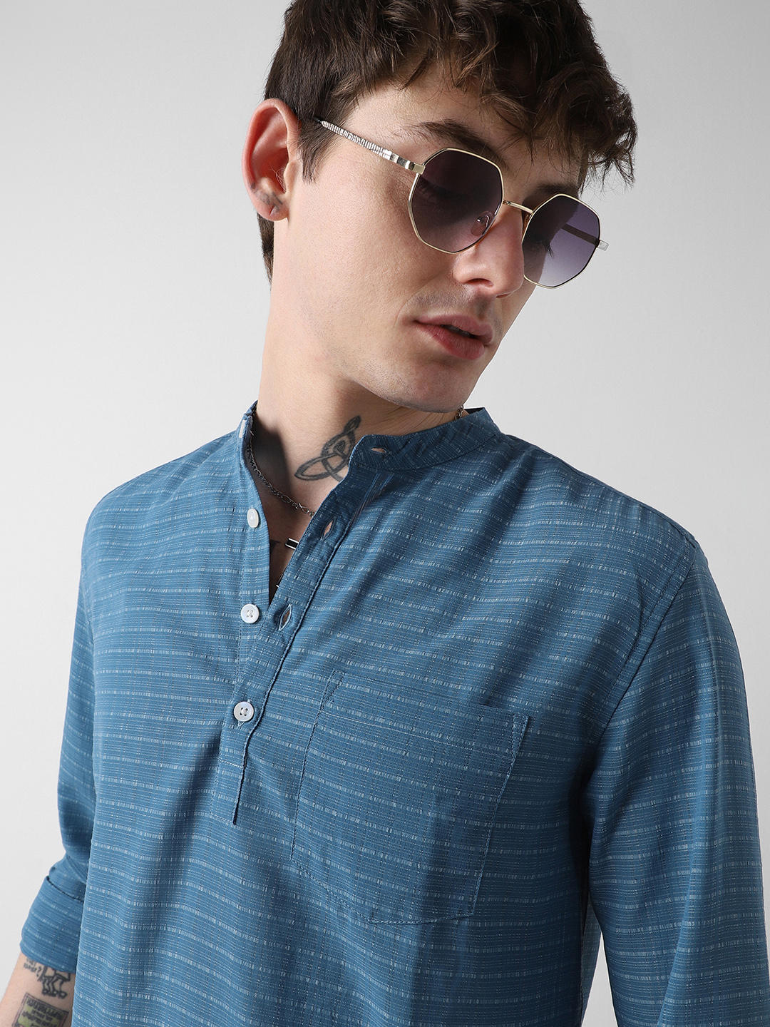 Ocean Blue Dobby Checked Kurta