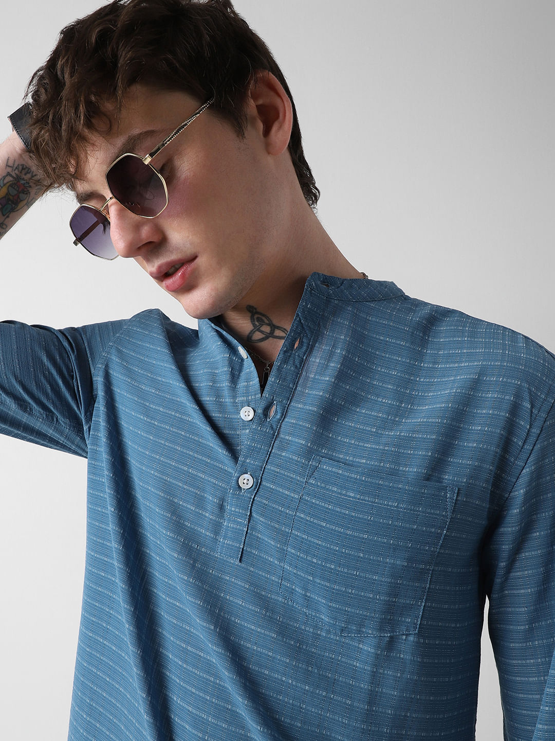 Ocean Blue Dobby Checked Kurta