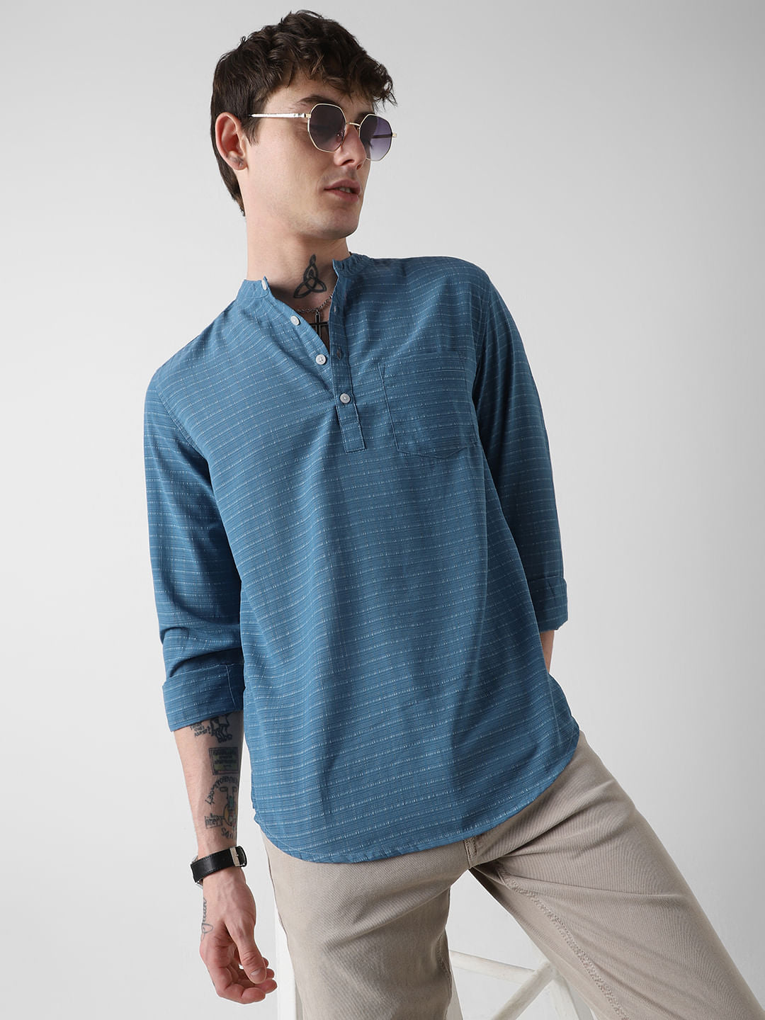 Ocean Blue Dobby Checked Kurta