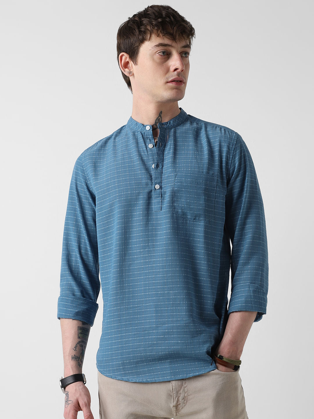 Ocean Blue Dobby Checked Kurta