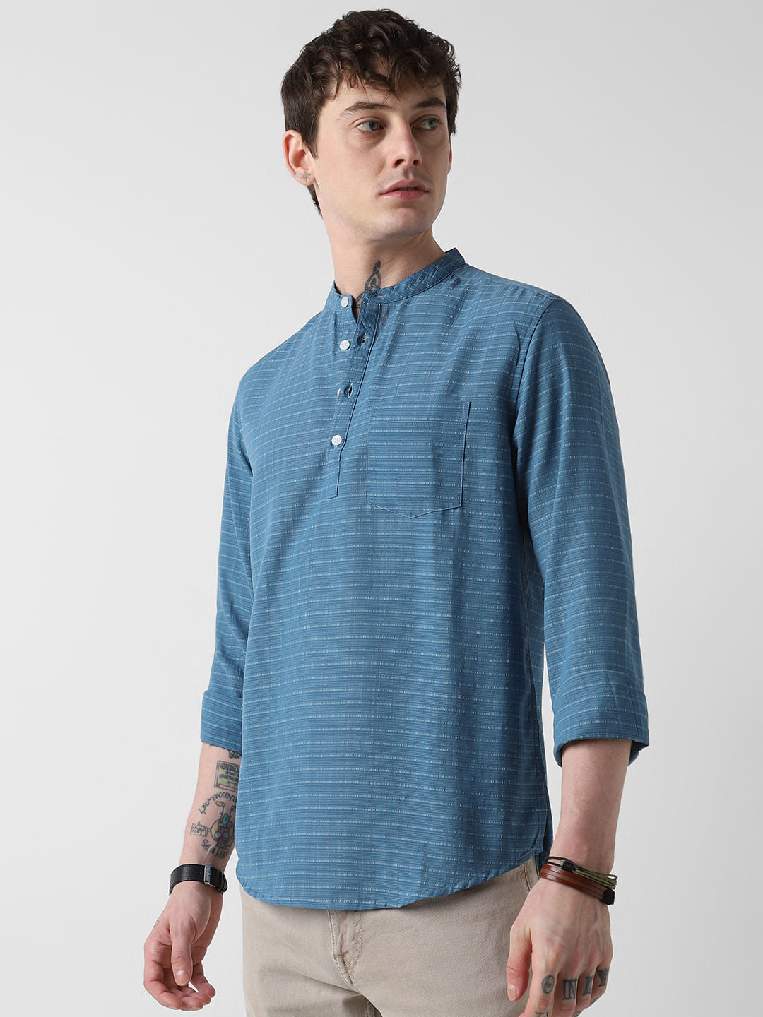 Ocean Blue Dobby Checked Kurta