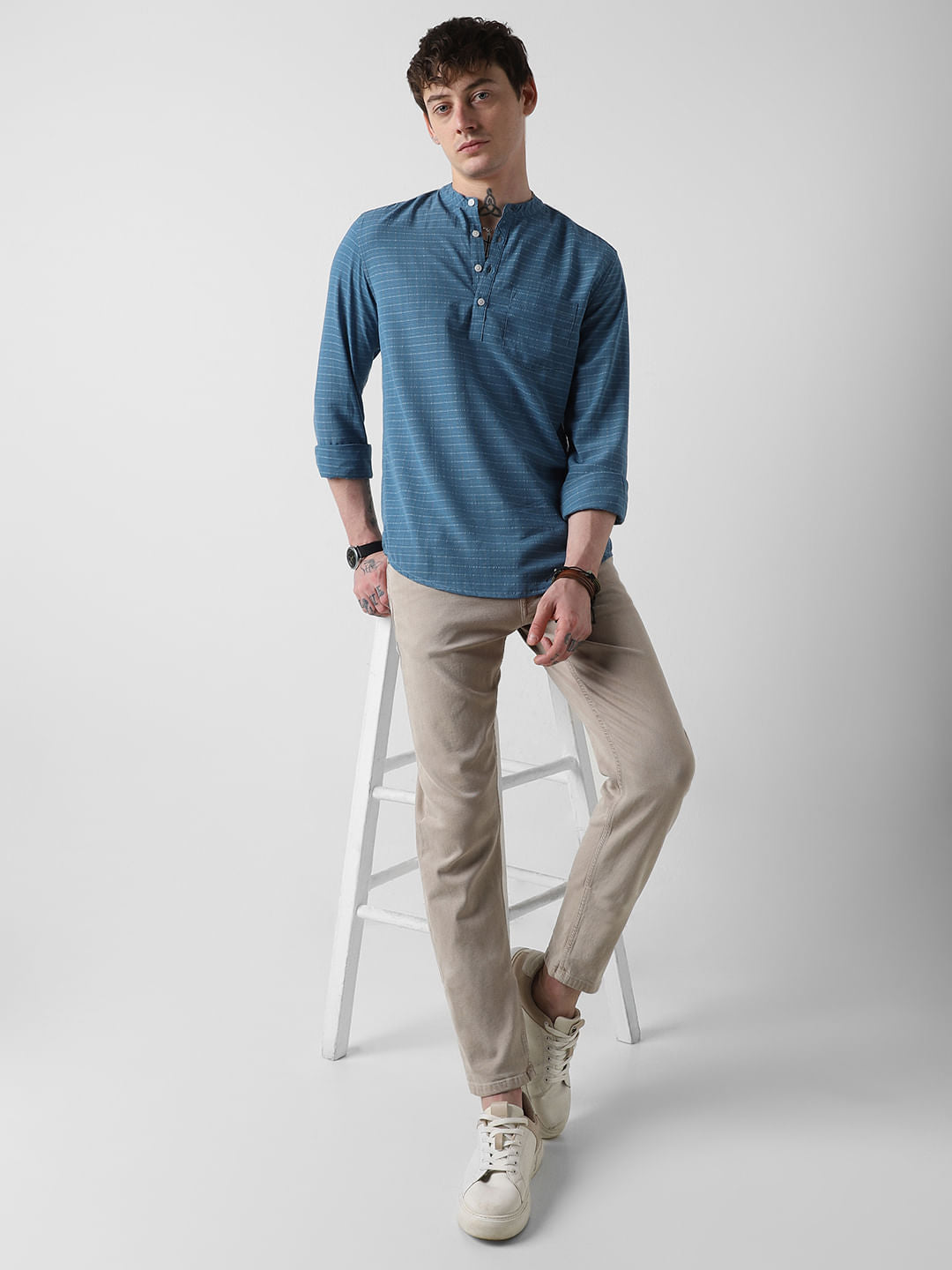 Ocean Blue Dobby Checked Kurta