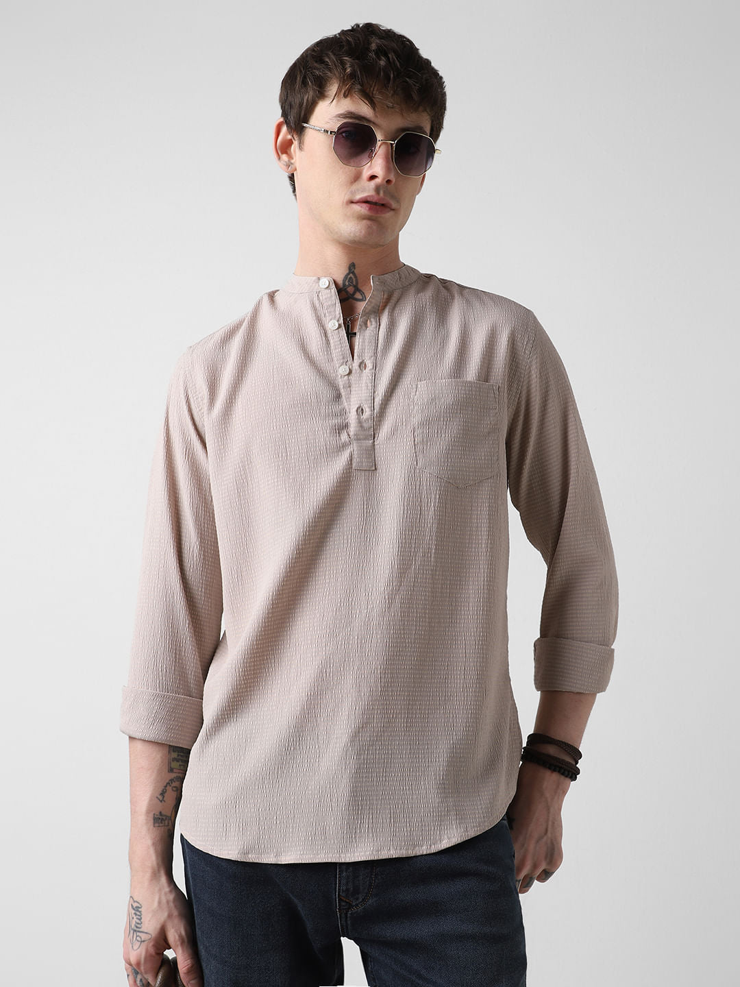 Elegant Beige Striped Seersucker Kurta