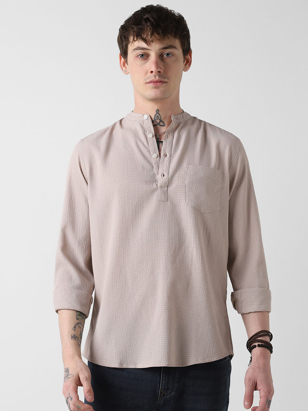 Elegant Beige Striped Seersucker Kurta