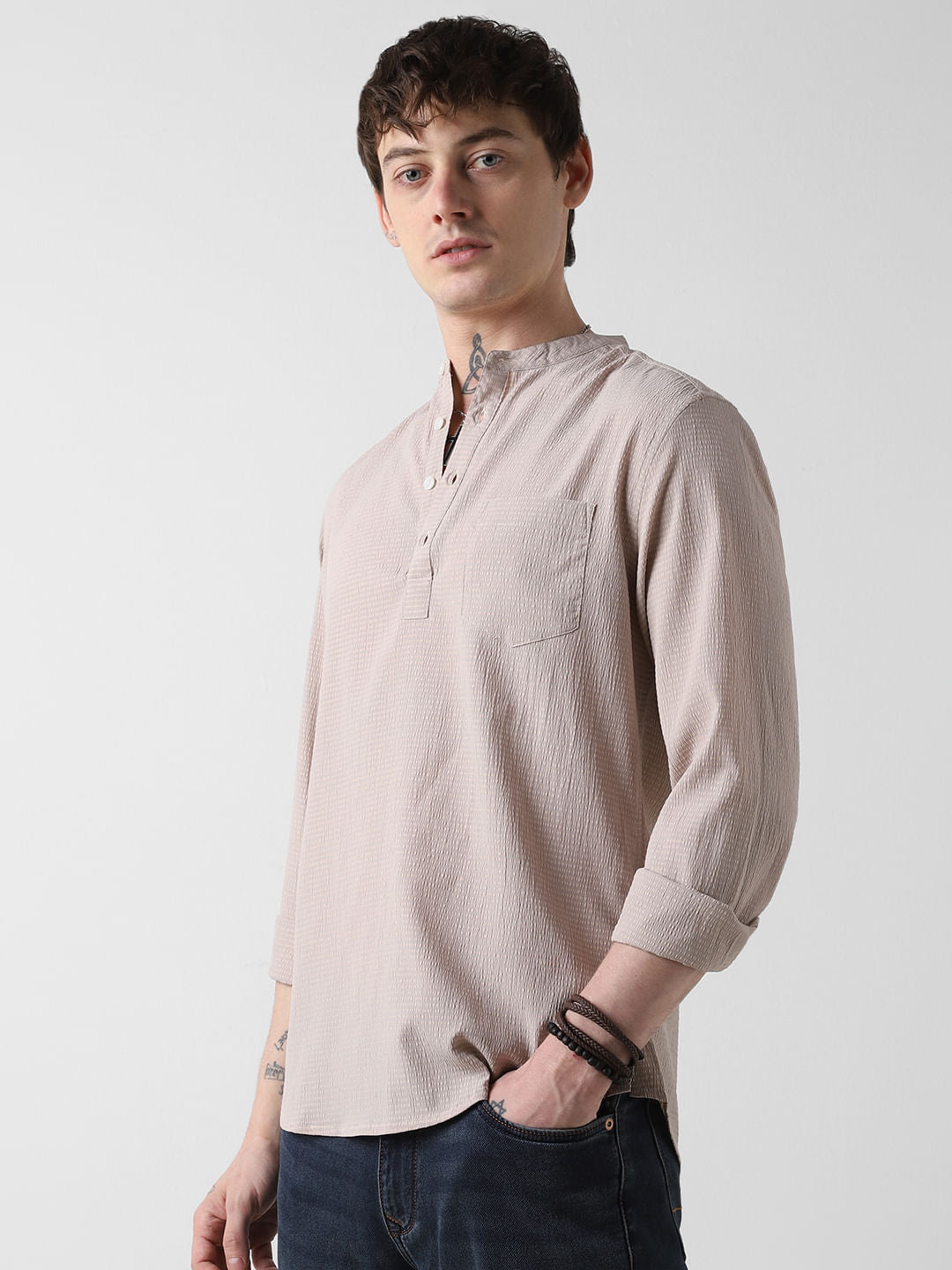 Elegant Beige Striped Seersucker Kurta