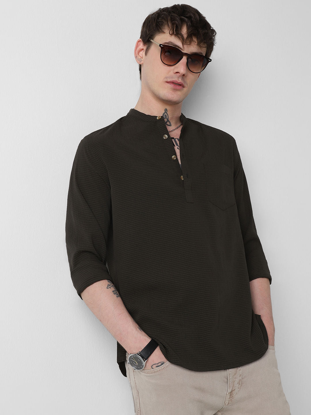Olive Green Seersucker Kurta
