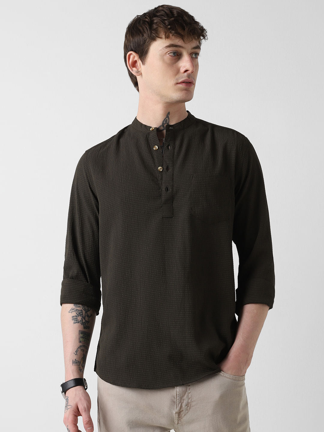 Olive Green Seersucker Kurta