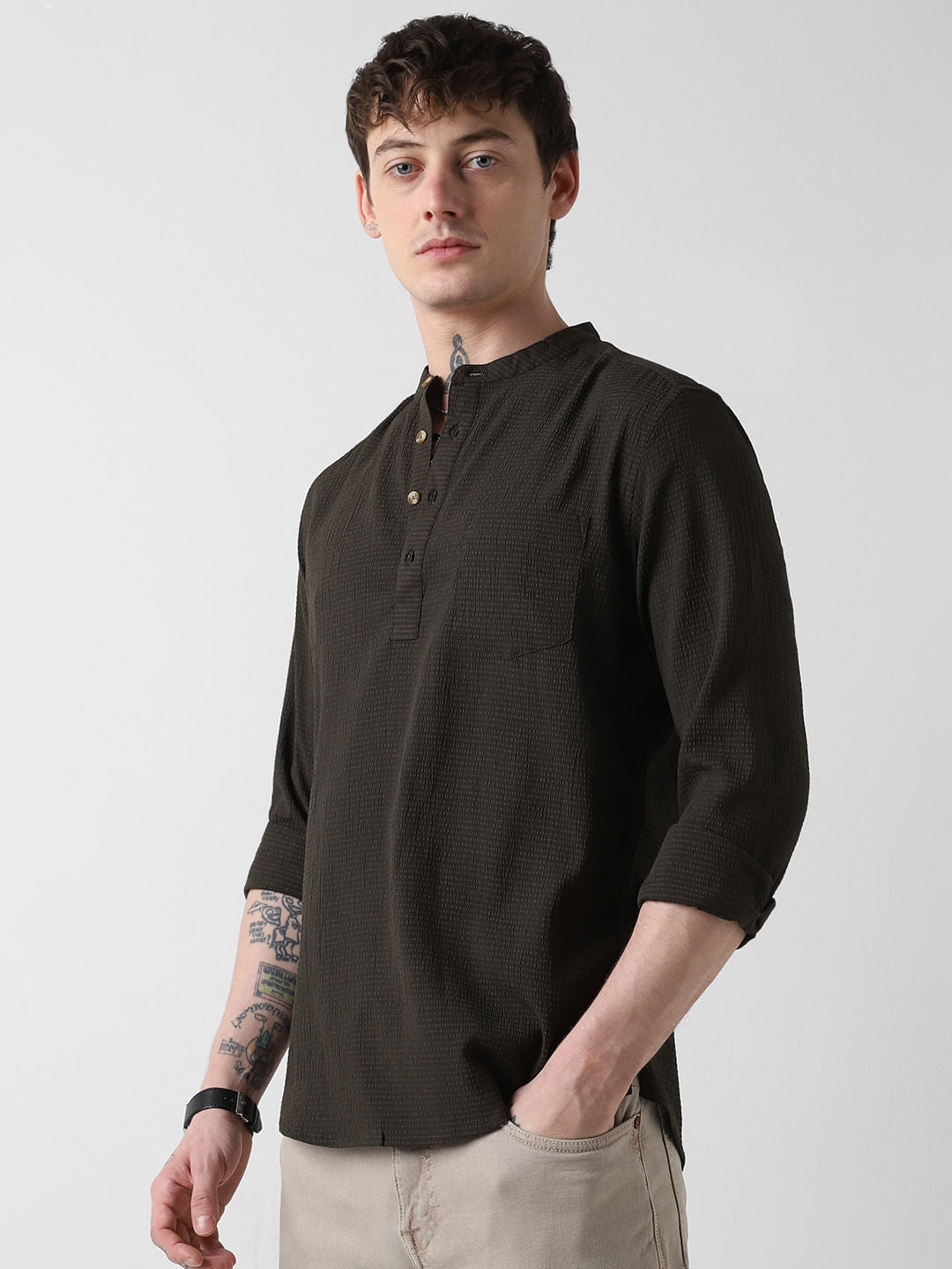 Olive Green Seersucker Kurta