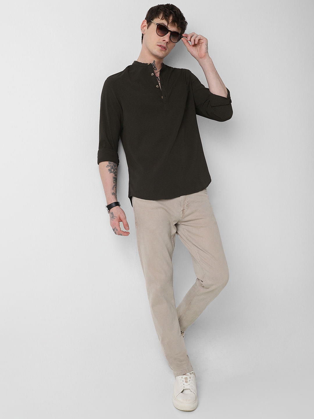 Olive Green Seersucker Kurta