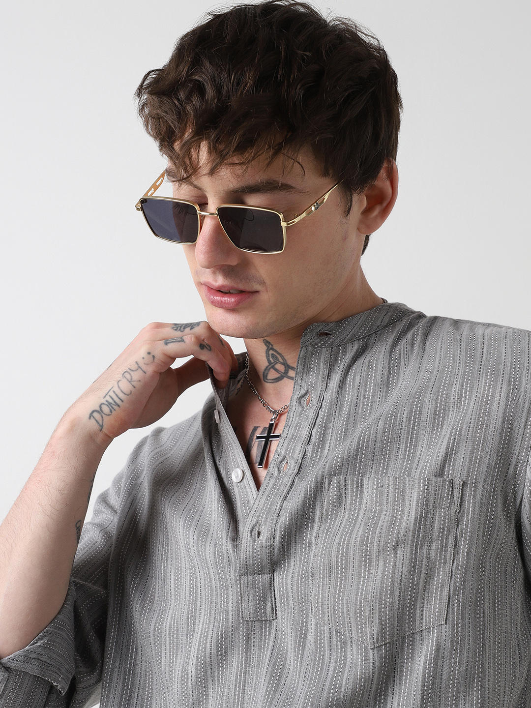 Modish Dobby Chalk Striped Grey Kurta