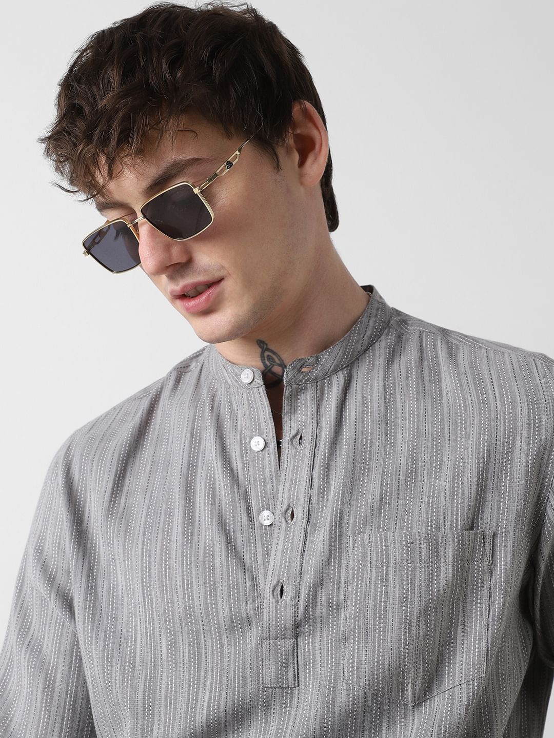 Modish Dobby Chalk Striped Grey Kurta