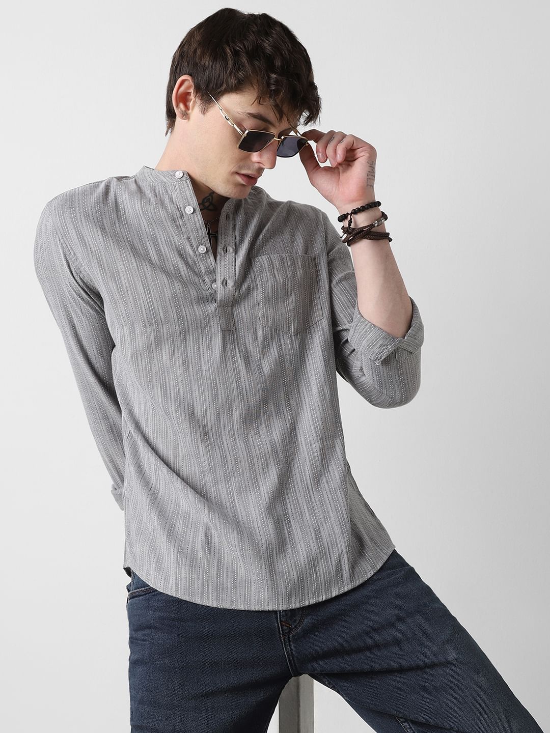 Modish Dobby Chalk Striped Grey Kurta