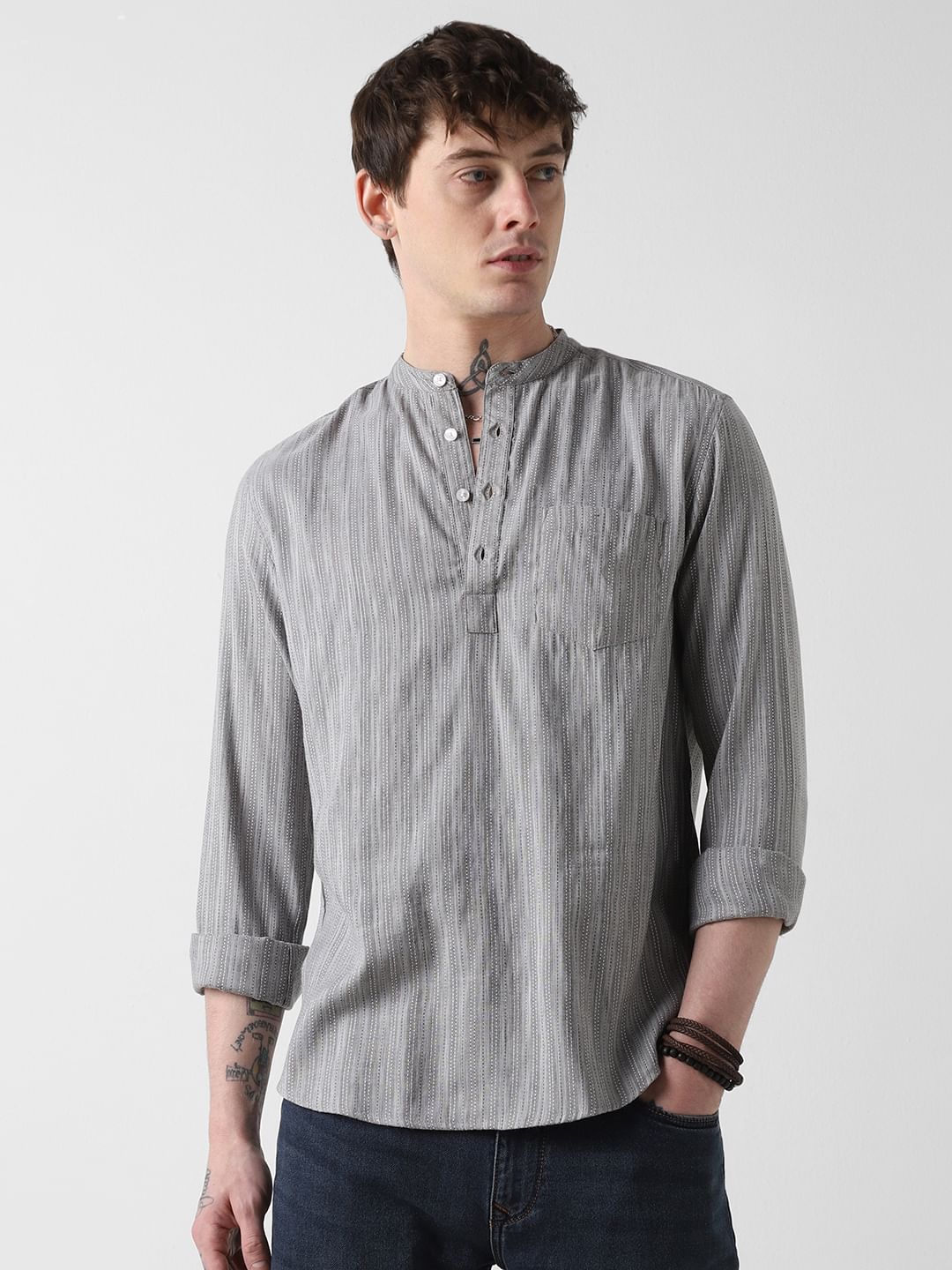Modish Dobby Chalk Striped Grey Kurta
