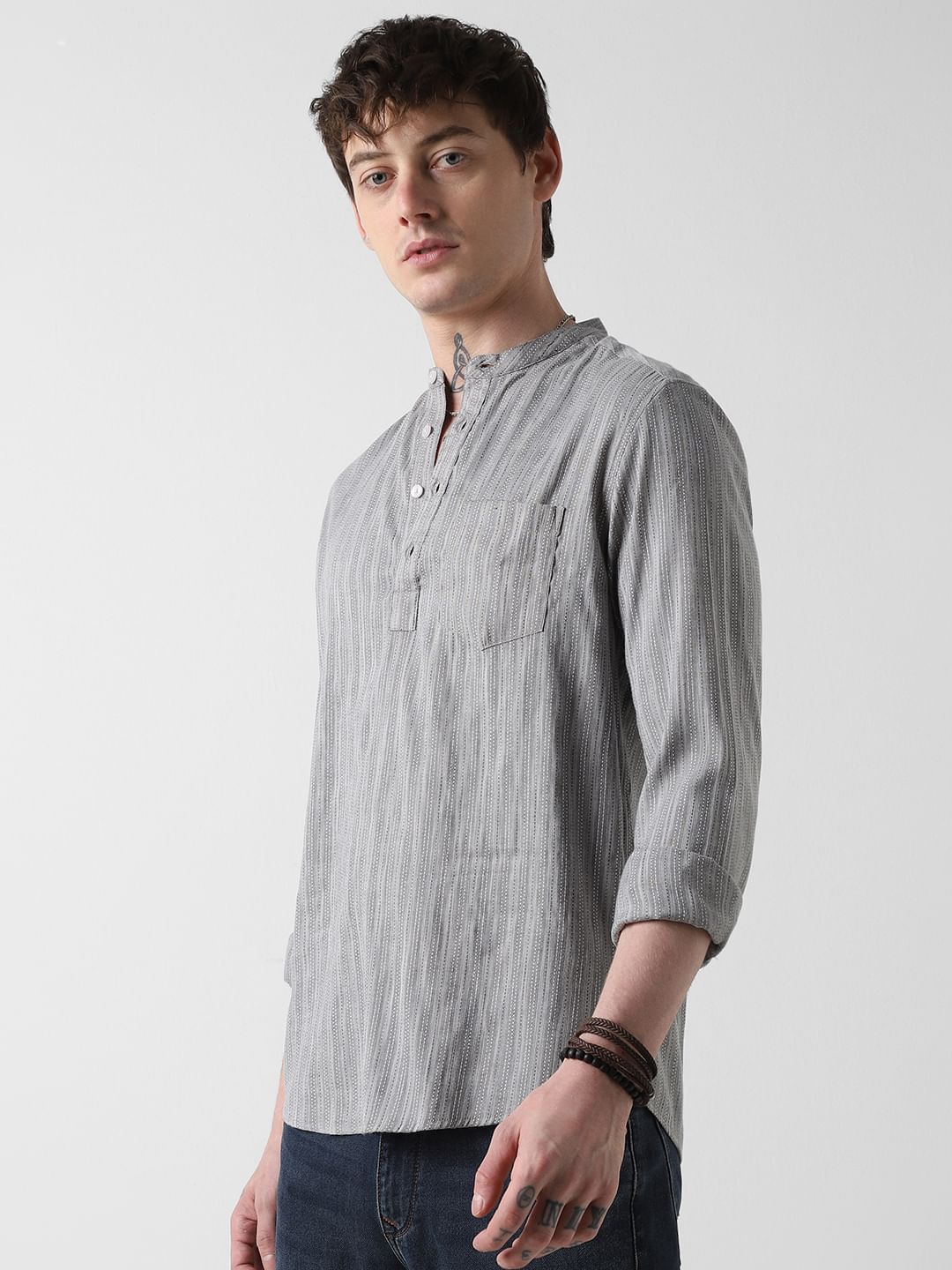 Modish Dobby Chalk Striped Grey Kurta