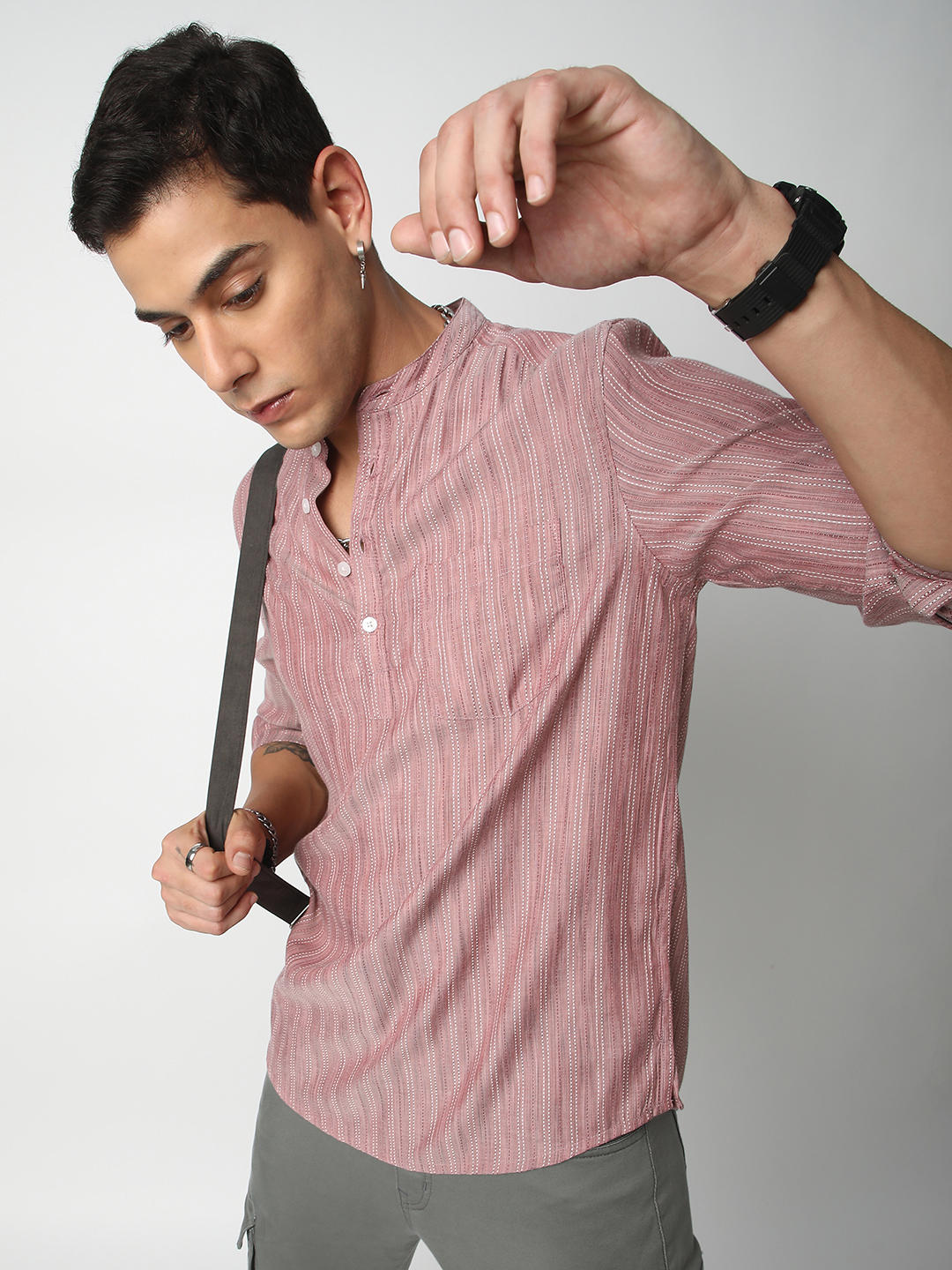 Pale Rose Pink Dobby Striped Kurta