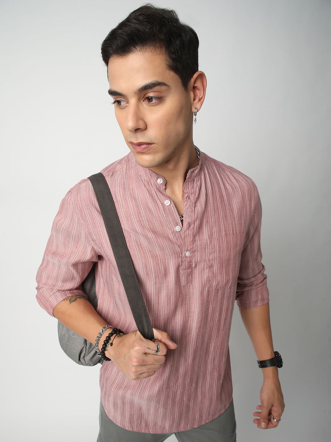 Pale Rose Pink Dobby Striped Kurta