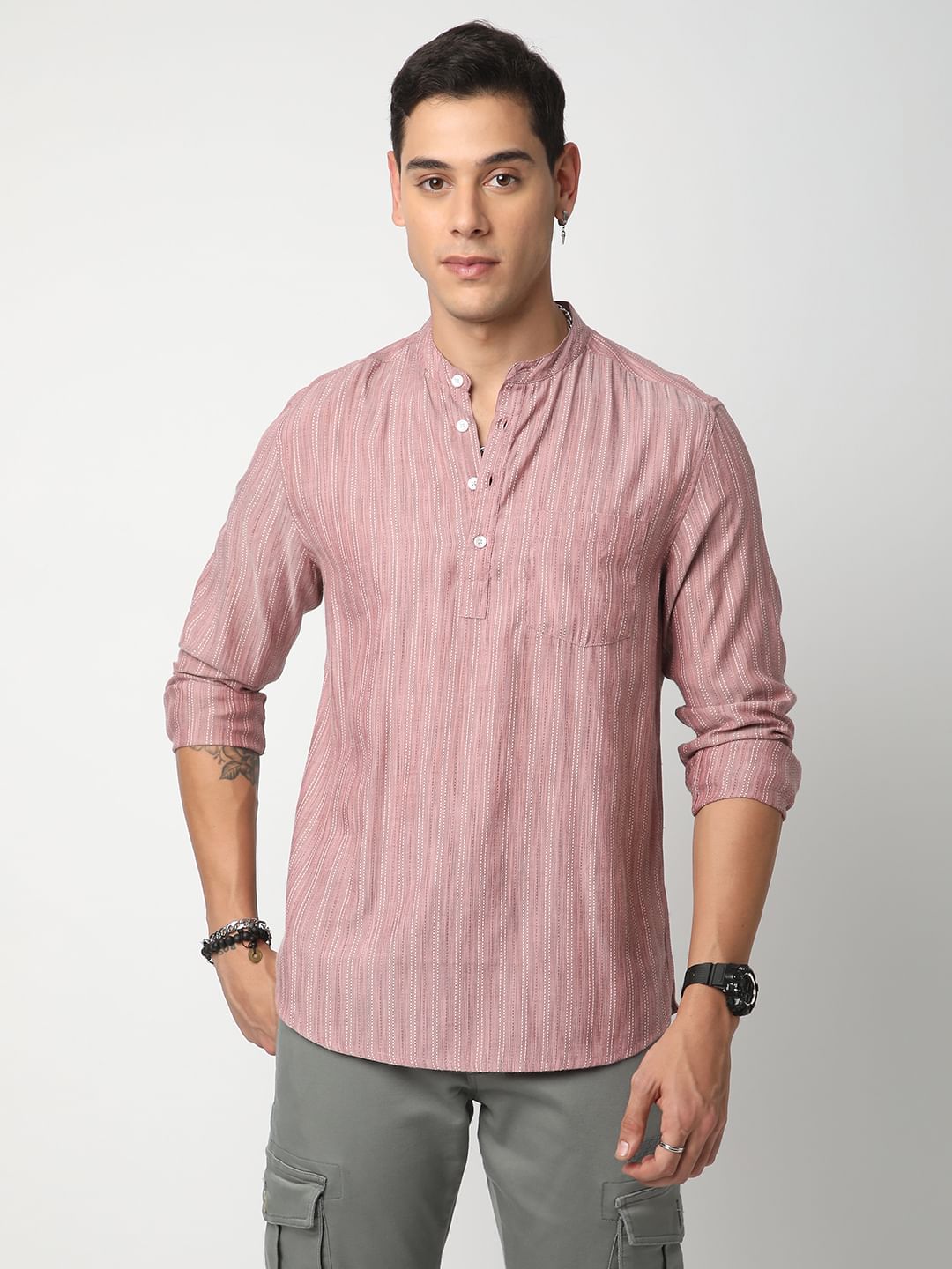 Pale Rose Pink Dobby Striped Kurta