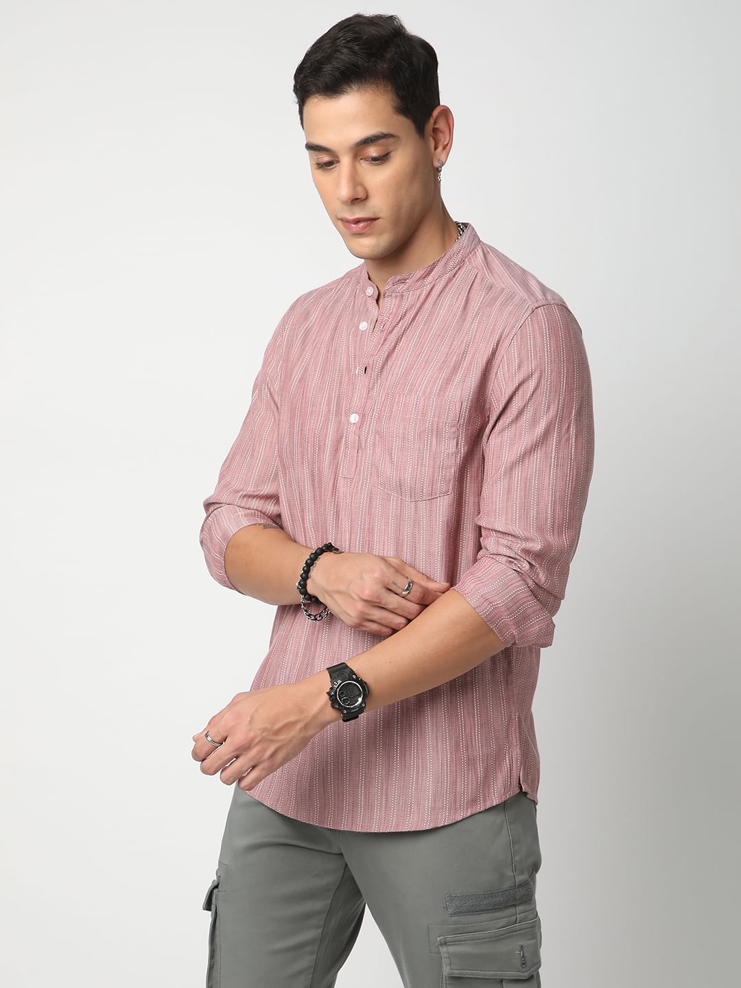 Pale Rose Pink Dobby Striped Kurta