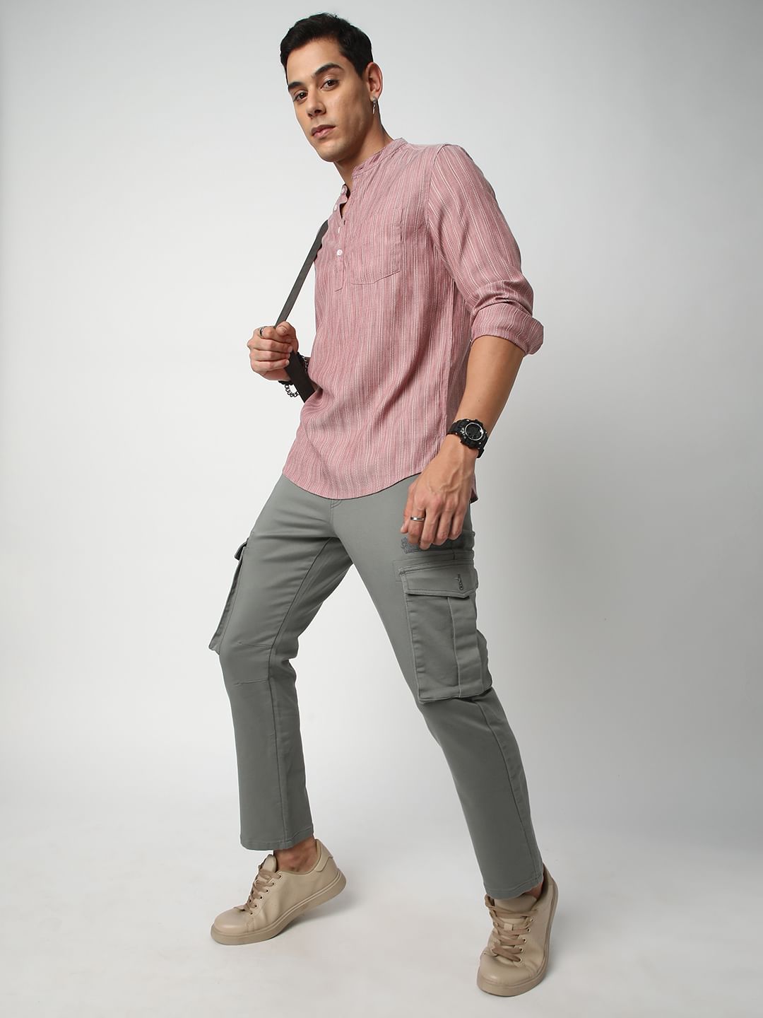Pale Rose Pink Dobby Striped Kurta