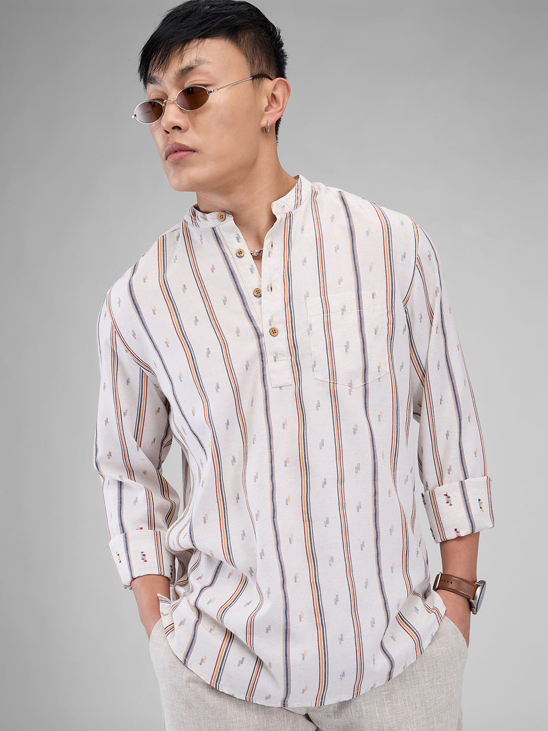 Modish Multicolour Striped Linen Kurta