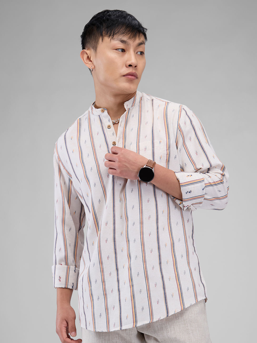 Modish Multicolour Striped Linen Kurta