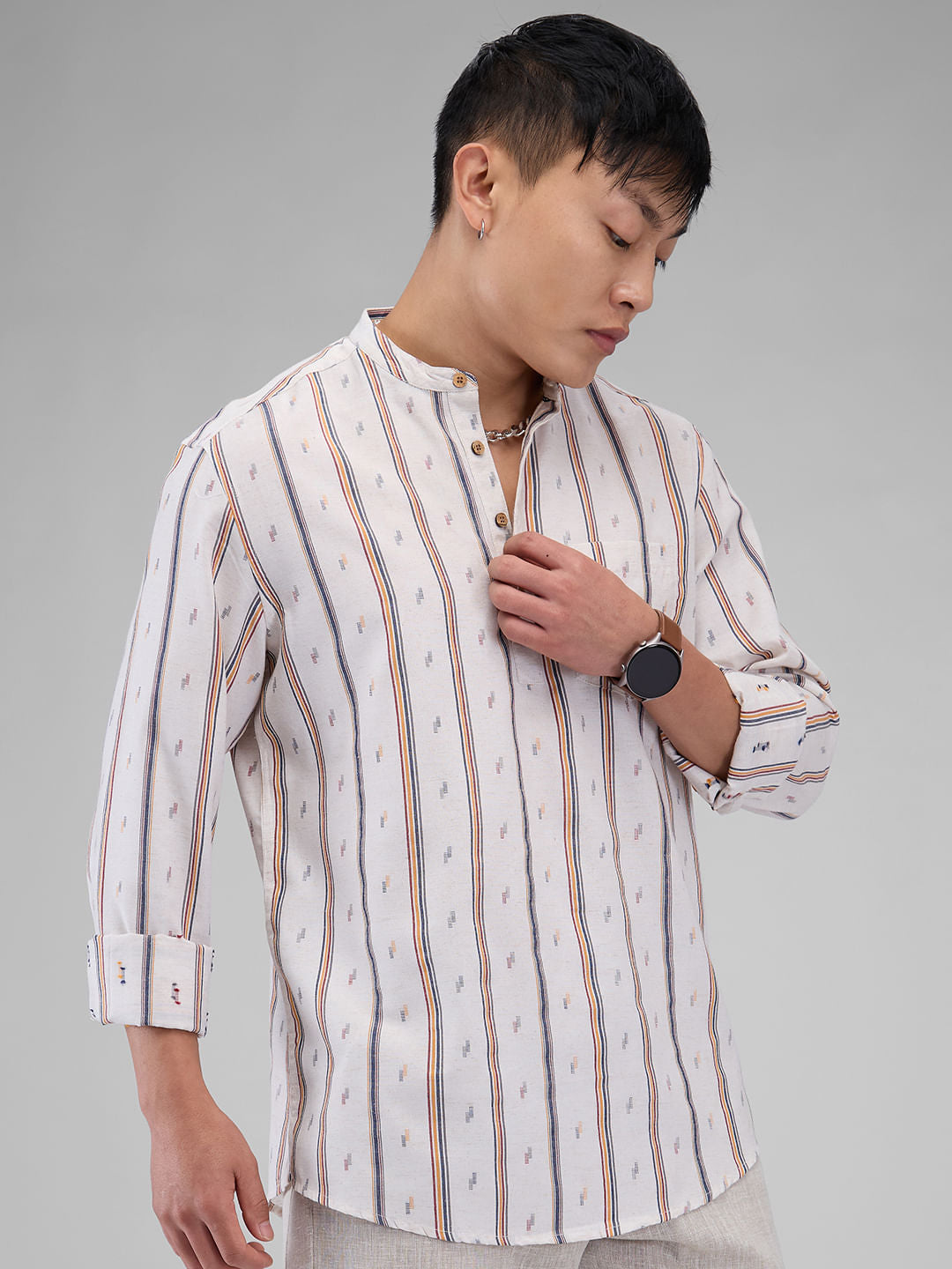Modish Multicolour Striped Linen Kurta