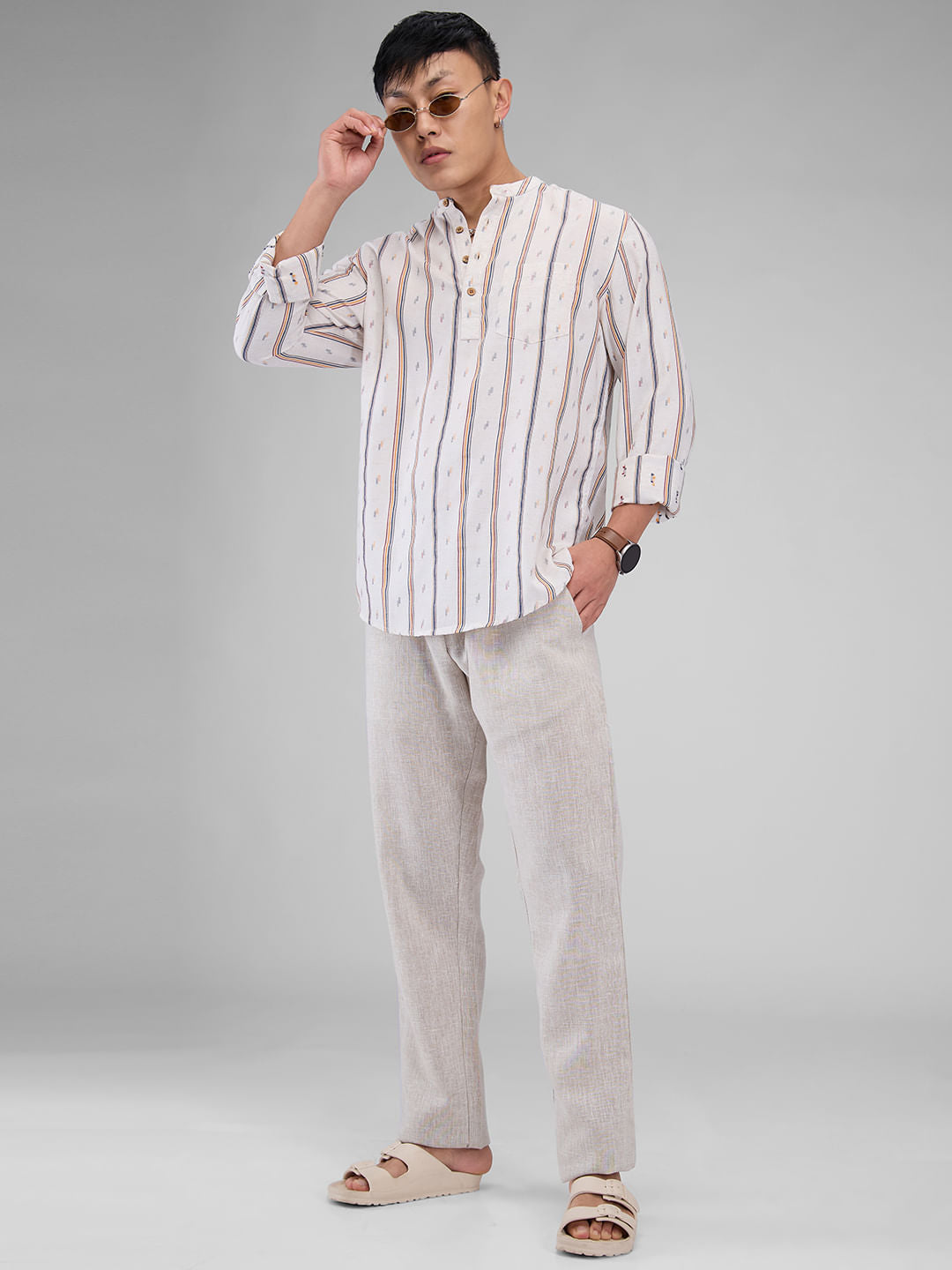 Modish Multicolour Striped Linen Kurta