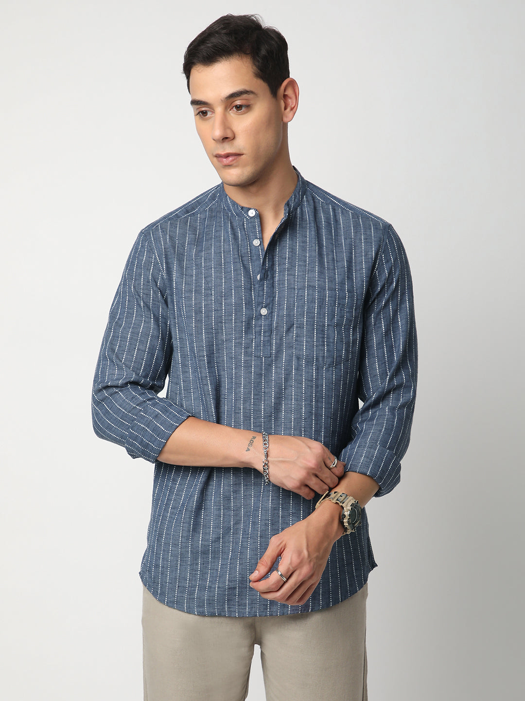Aegean Blue Chalk Striped Kurta