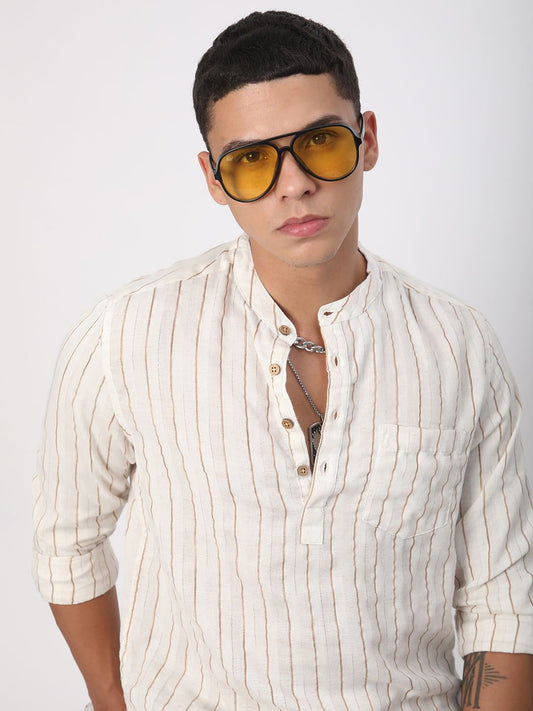 Beige & Brown Shadow Striped Kurta