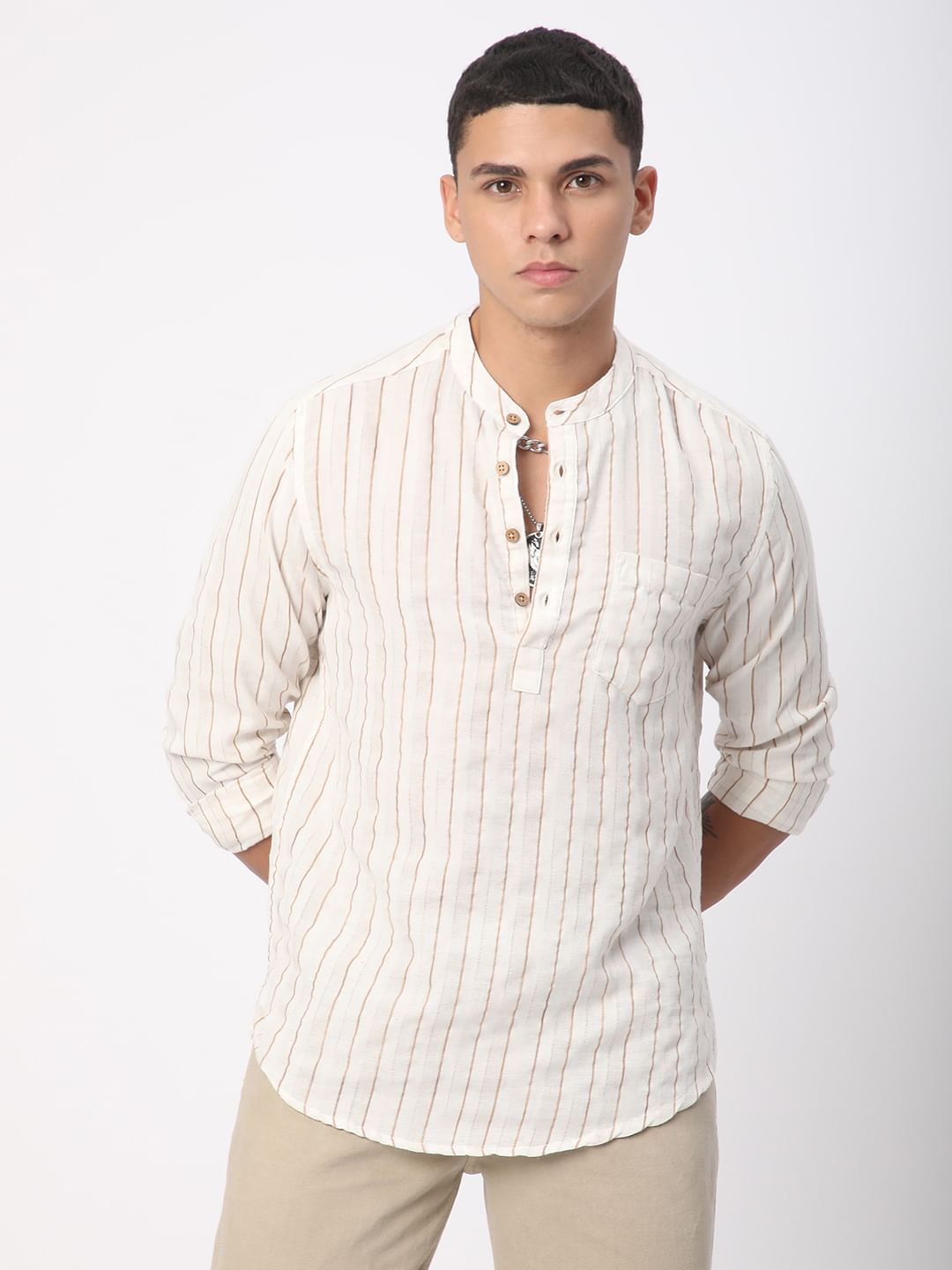 Beige & Brown Shadow Striped Kurta