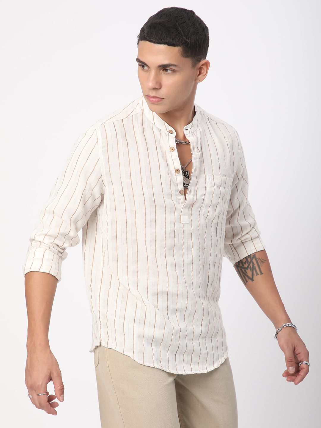 Beige & Brown Shadow Striped Kurta