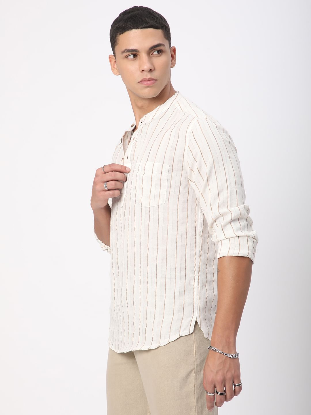 Beige & Brown Shadow Striped Kurta