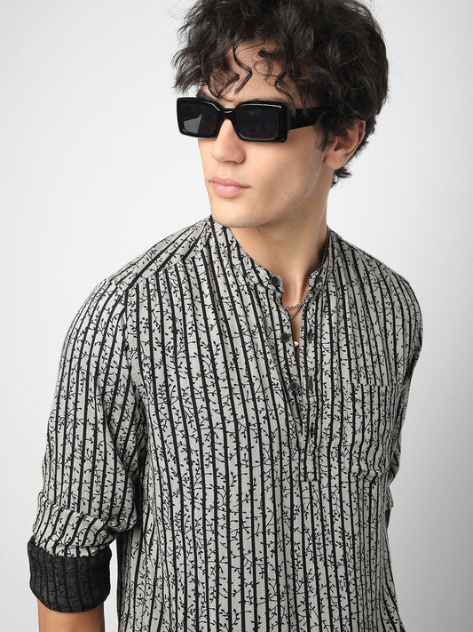 Black Mini Leaf Carved Striped Kurta