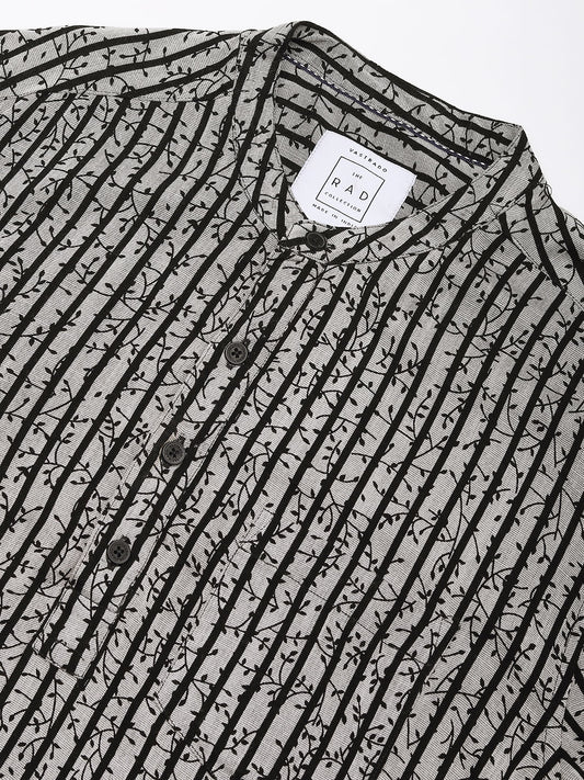 Black Mini Leaf Carved Striped Kurta