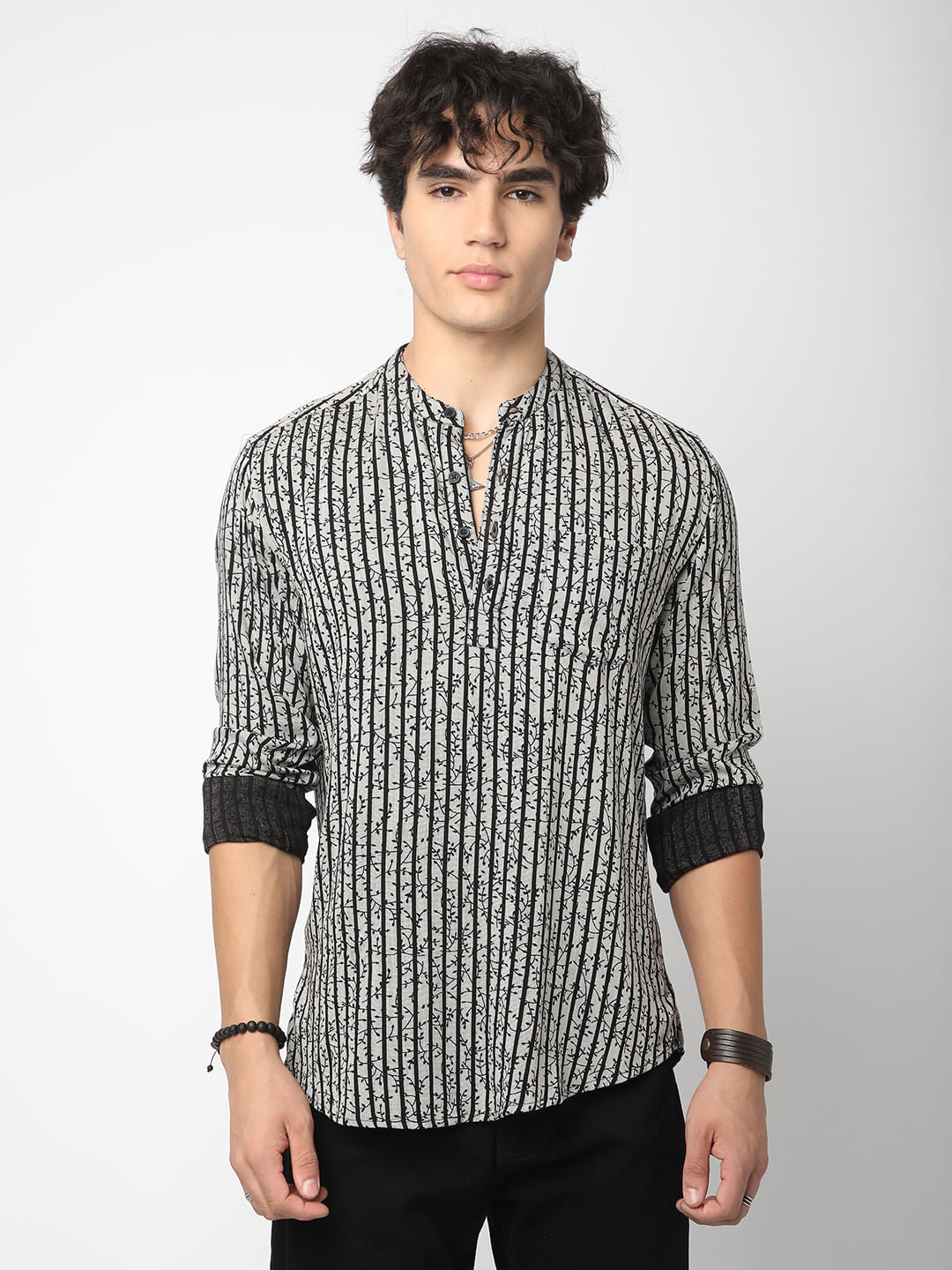 Black Mini Leaf Carved Striped Kurta