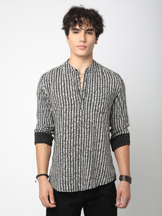 Black Mini Leaf Carved Striped Kurta