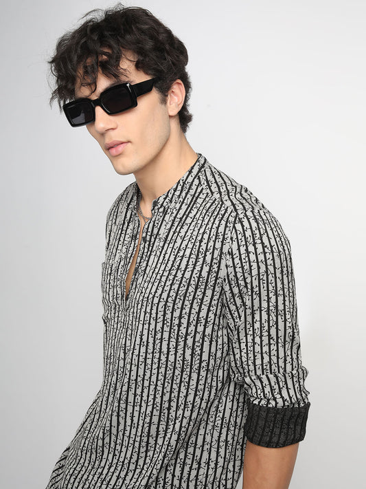 Black Mini Leaf Carved Striped Kurta