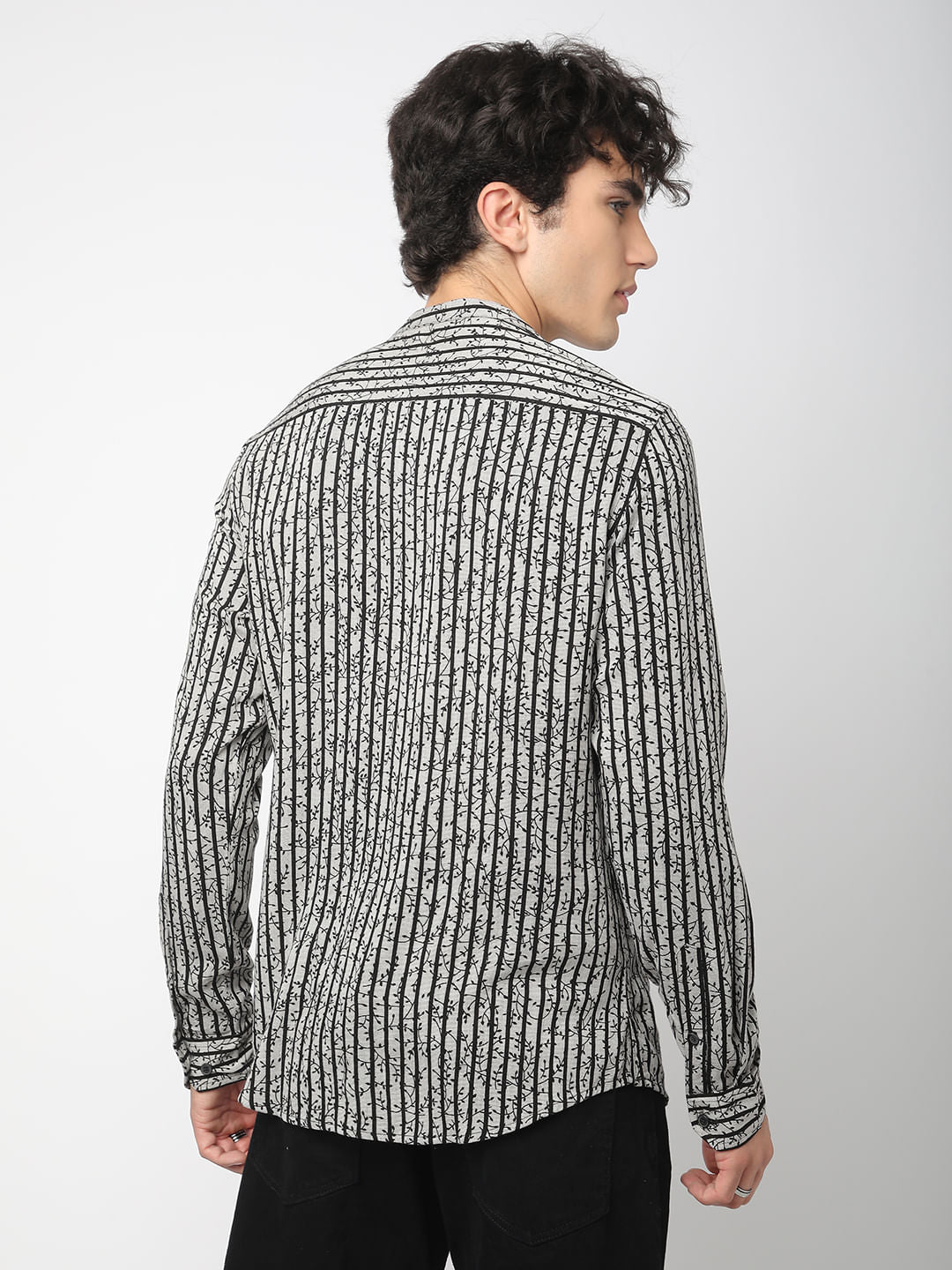 Black Mini Leaf Carved Striped Kurta