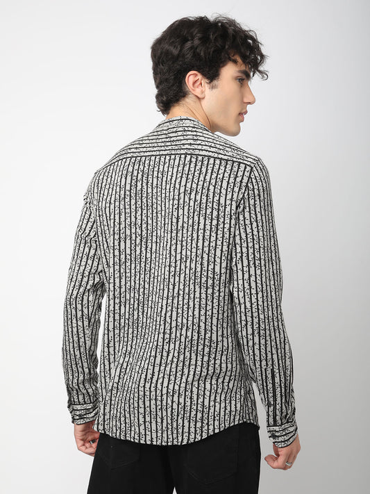 Black Mini Leaf Carved Striped Kurta